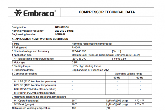 Компрессор Embraco NEK6213GK 220-240V 50Hz R404A для морозильной камеры 0