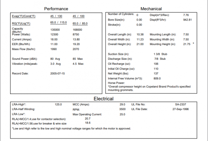 Компрессор ZP137KCE-TF7-550 380V 3Phase 60Hz переченя Copeland рефрижерации 0