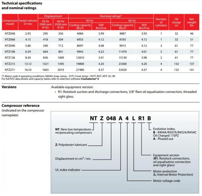 НТЗ серия Маневроп поршневые герметические компрессоры R404A NTZ048A4LR1A NTZ048~NTZ271 0