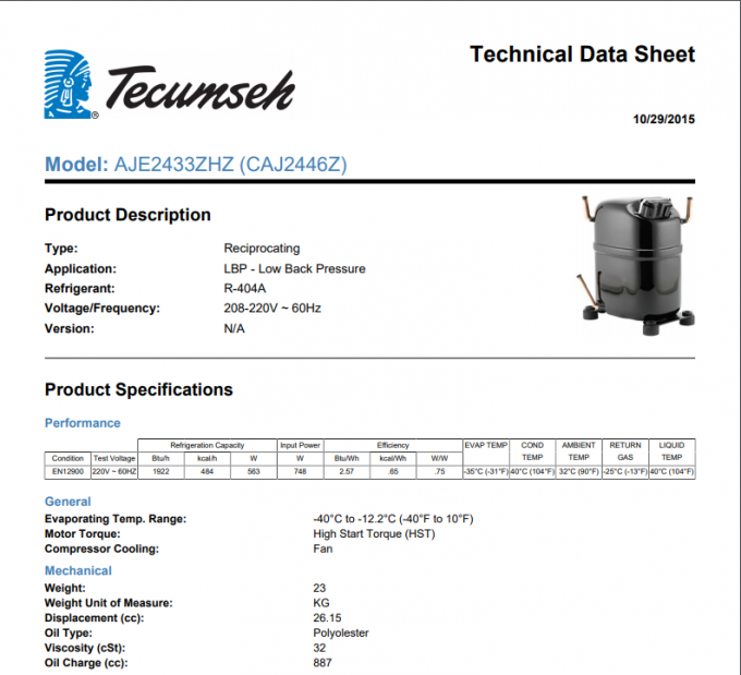 CAJ2446Z Tecumseh компрессор 208-230V 1 фаза 60Hz холодильный компрессор 0