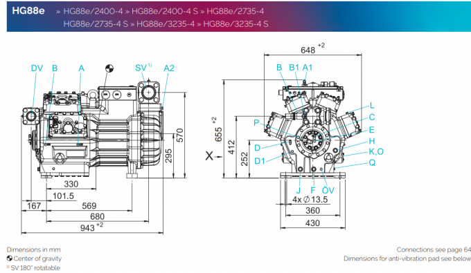 HGX88E/2400-4S HG полугерметический холодильный компрессор R134a 3-фазный 2