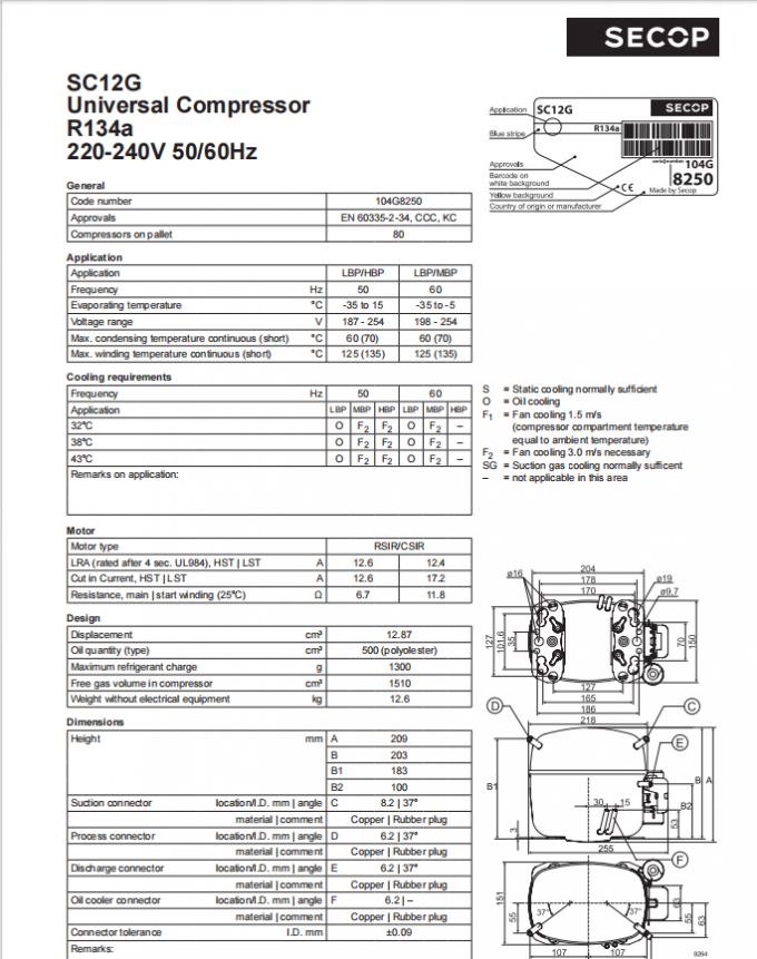 Danfoss Secop Ac вращающийся компрессор SC12G R134a 220 - 240 В 50 / 60 Гц 0